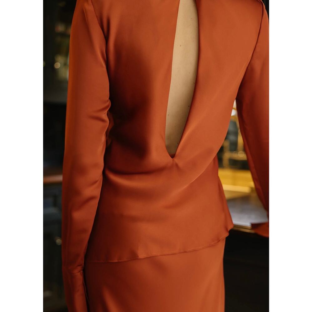 New $247 few moda Hannah Chody taylor burnt orange satin dress sz small - Picture 2 of 9